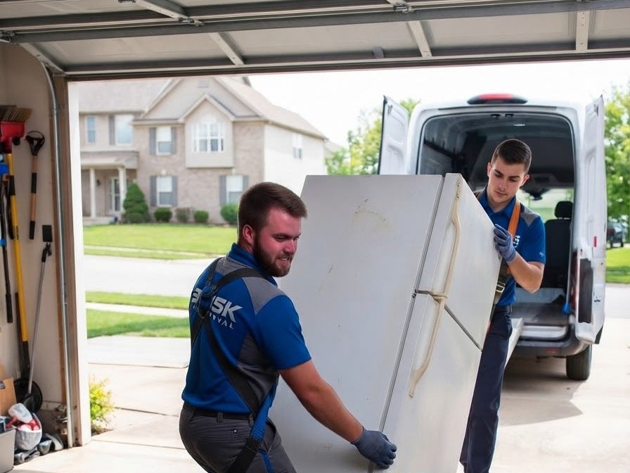 Two crew members carrying a refrigerator into a van