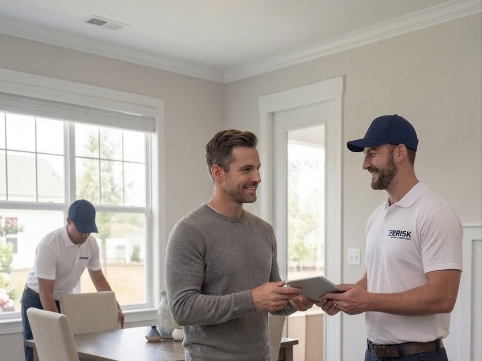 Brisk crew member reviewing delivery details with a customer