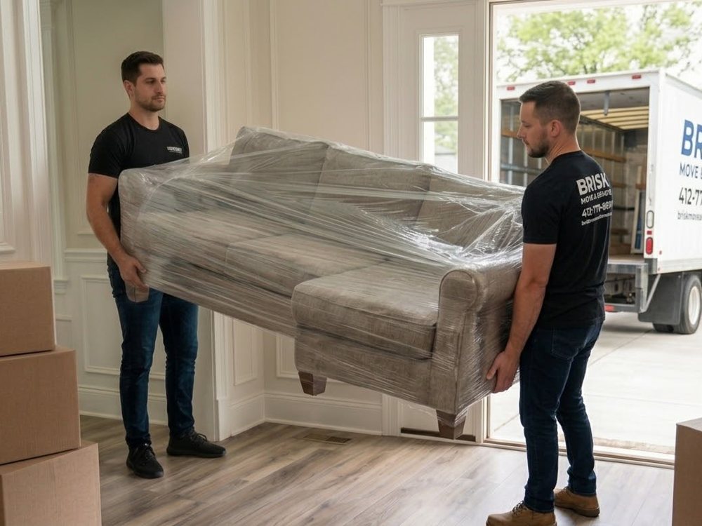 Movers carefully carrying a wrapped sofa out of a moving truck